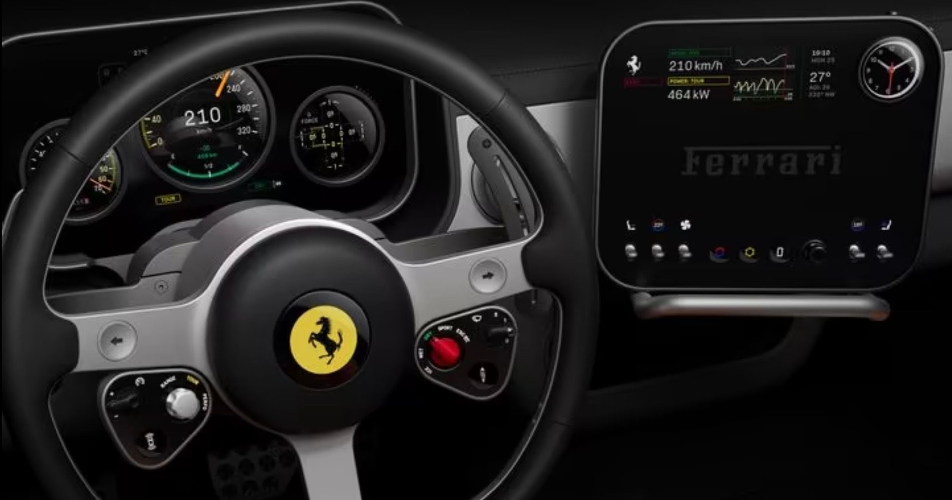 Interior do Ferrari Luce, volante e ecrãs digitais